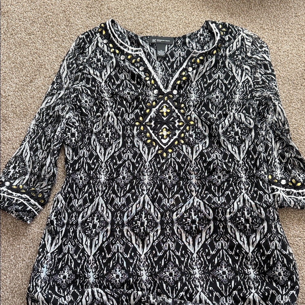 INC International Concepts Black and White Blouse with Gold Accents